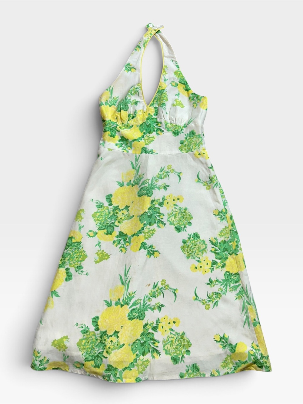 Vintage B Moss Floral Halter Midi Dress Sun Dress Yellow Green Size 2